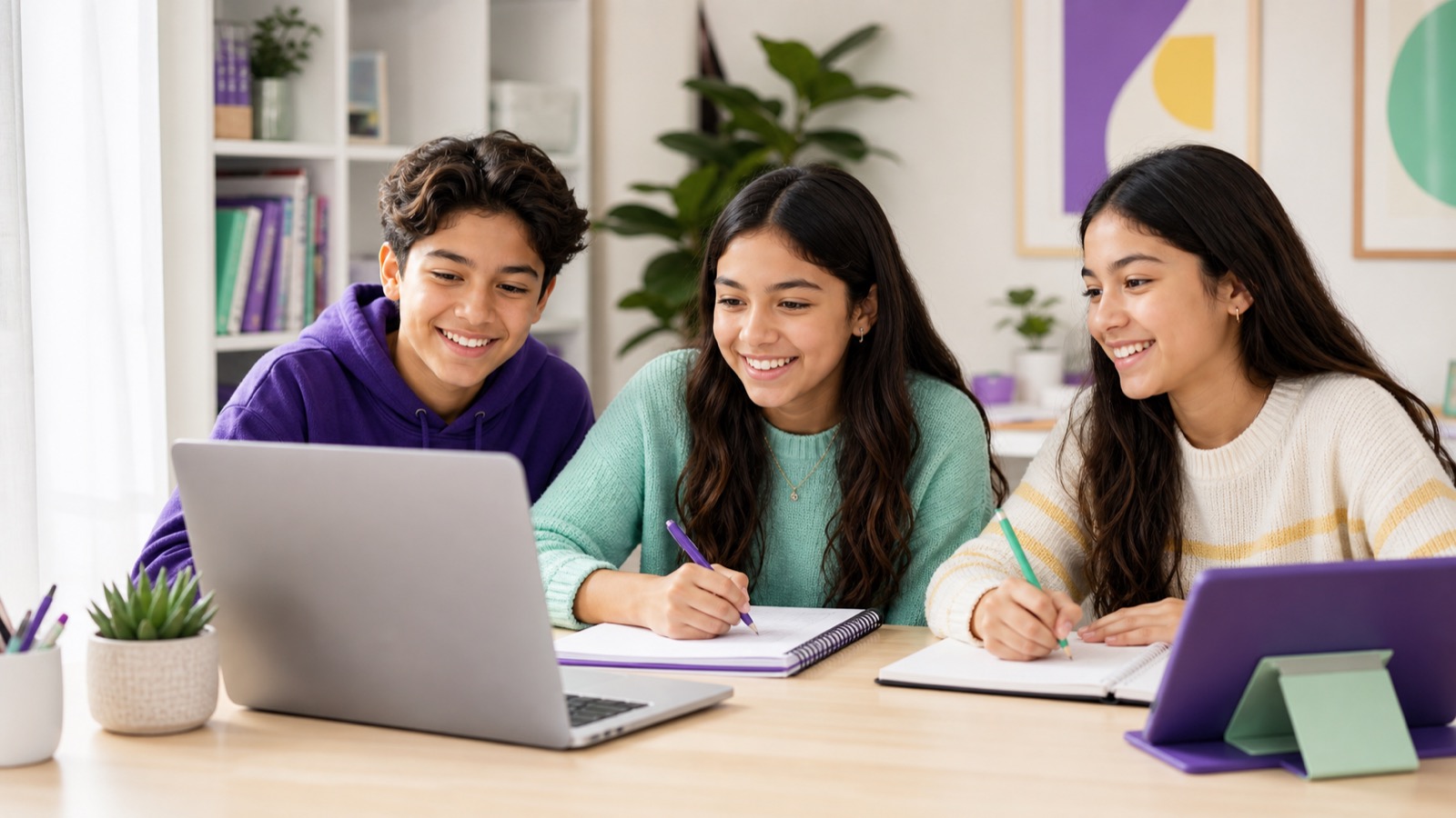 Hispanic students smiling while learning online with a laptop, tablet, and notebooks