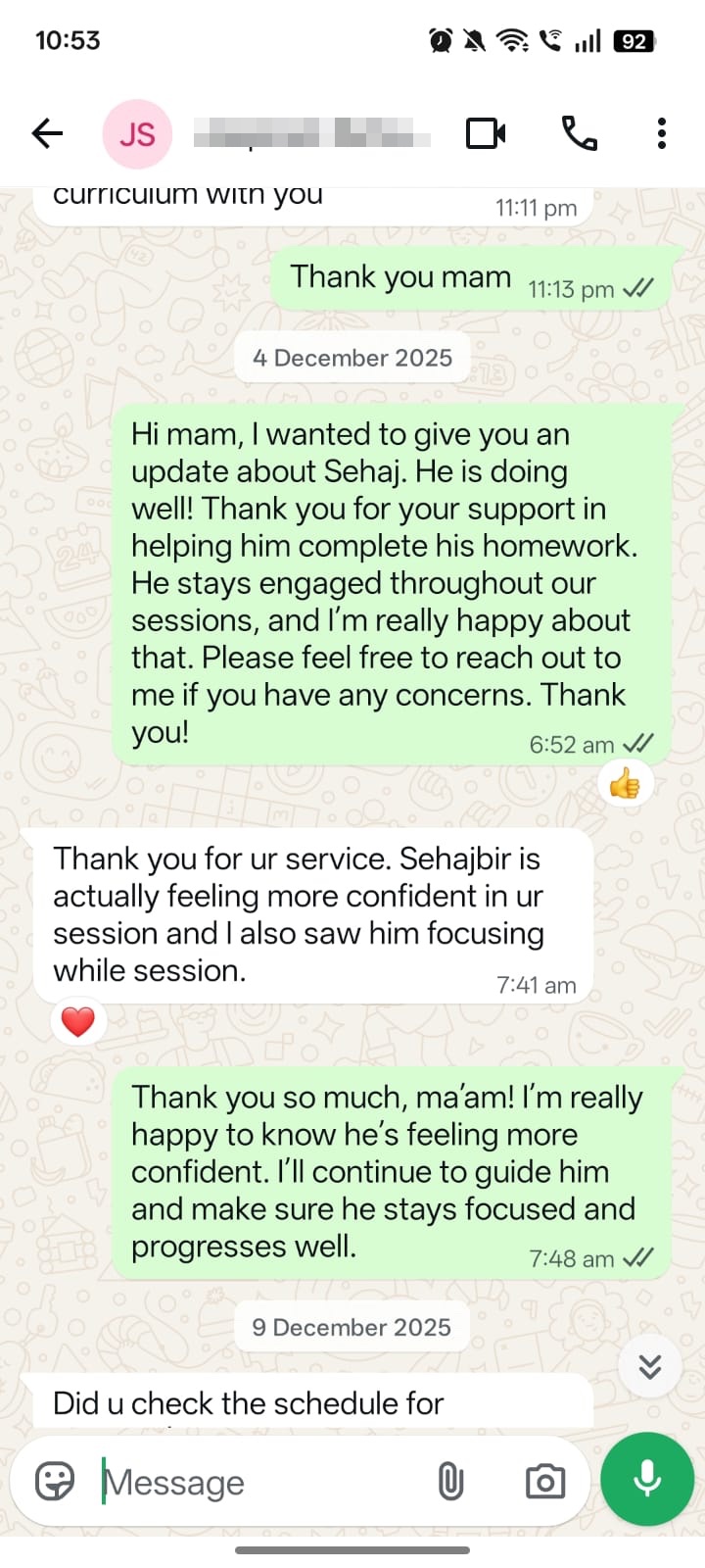 Privacy-safe screenshot showing parent feedback about improved confidence