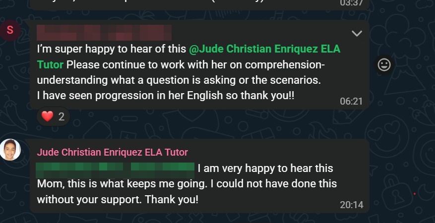 Privacy-safe English progress feedback screenshot